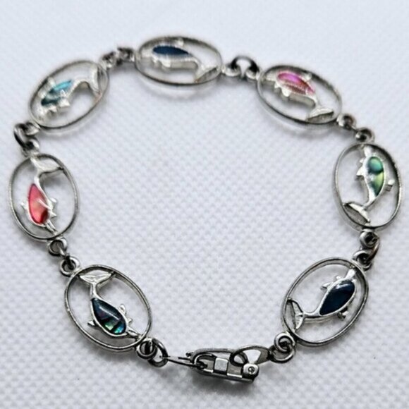 Beautiful Silver Tone Dolphin Link Bracelet With Colorful Backs - Picture 4 of 6